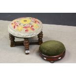 Victorian Upholstered Circular Footstool together with an Early 20th century Oak Upholstered