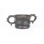 Early 19th century Japanese twin dragon handled bronze drinking vessel/censor