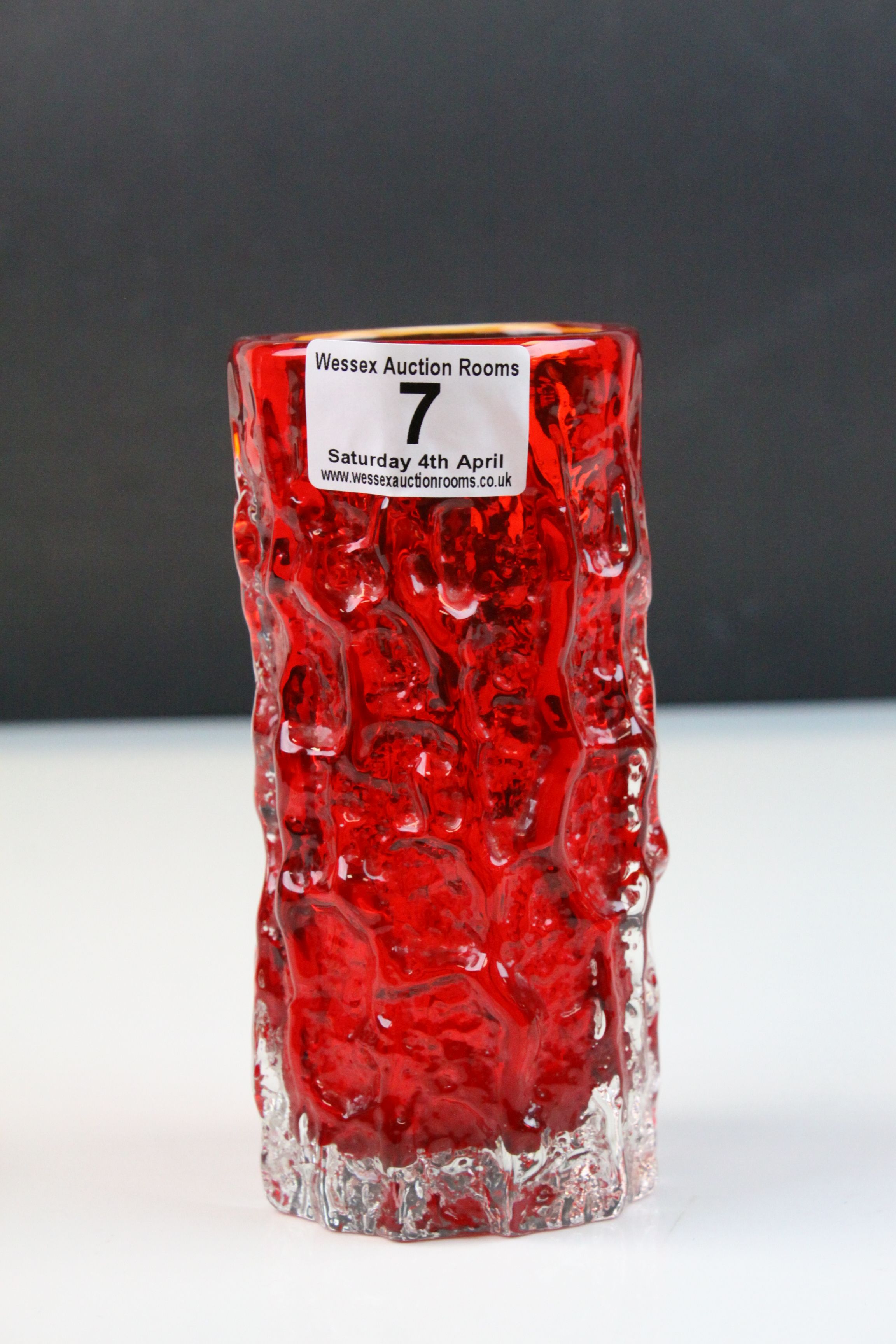 Whitefriars Ruby Red Textured Bark Cylindrical Whitefriars Vase, 15cms high