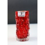 Whitefriars Ruby Red Textured Bark Cylindrical Whitefriars Vase, 15cms high