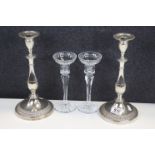 Pair of Silver Plated Viners Candlesticks, 29cms high and a Pair of Portuguese Glass Atlantis