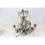 Gilt Metal Six Branch Candle Chandelier with Crystal Glass Drops, approx. 50cms diameter x 47cms