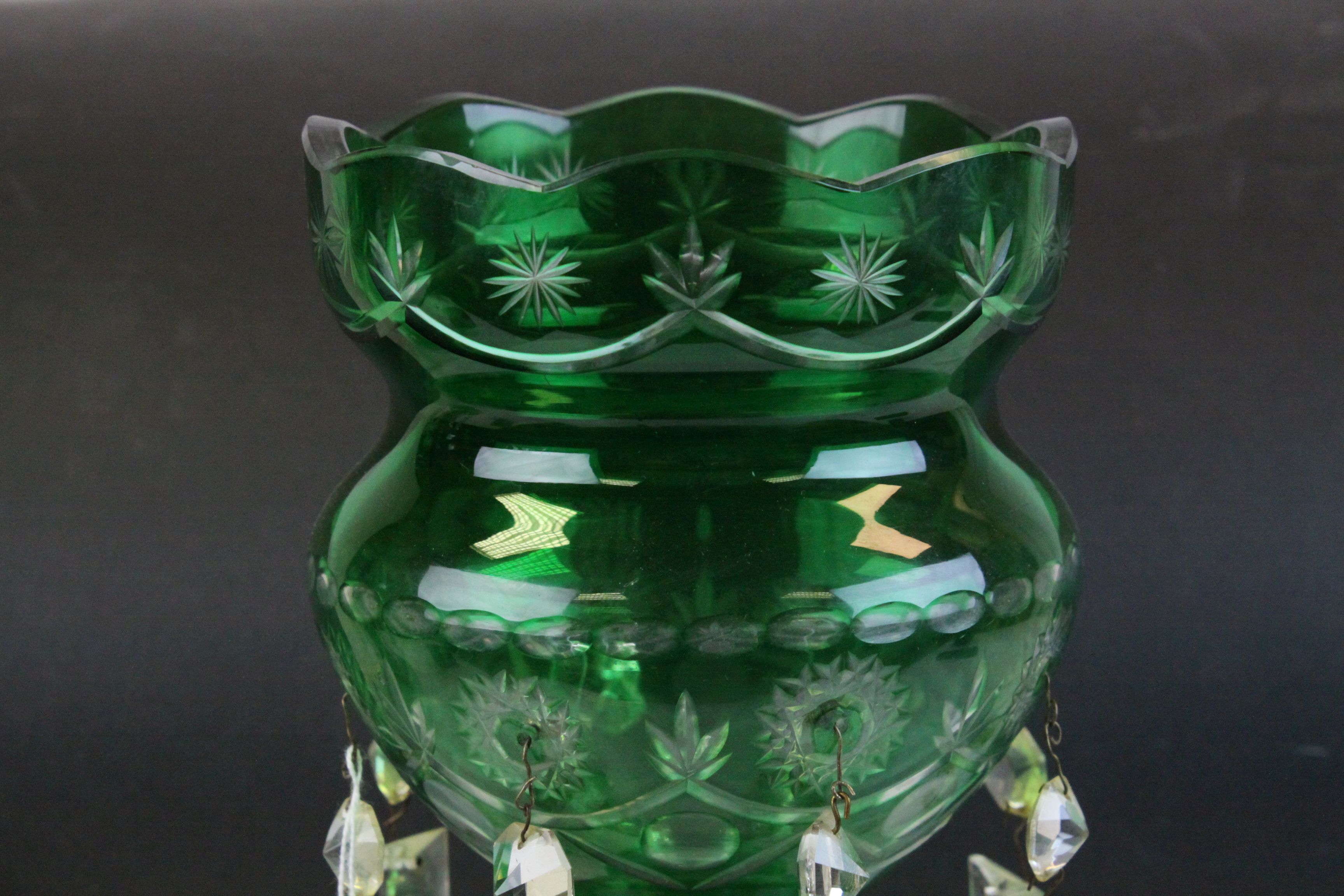 Pair of Victorian Cut Green Glass Table Lustres each with Eight Clear Glass Lustre Drops, 37cms - Image 4 of 12