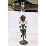 Victorian Aesthetic Movement Oil Lamp with Chimney, Glass Well, Metal Support and Slate Base, and