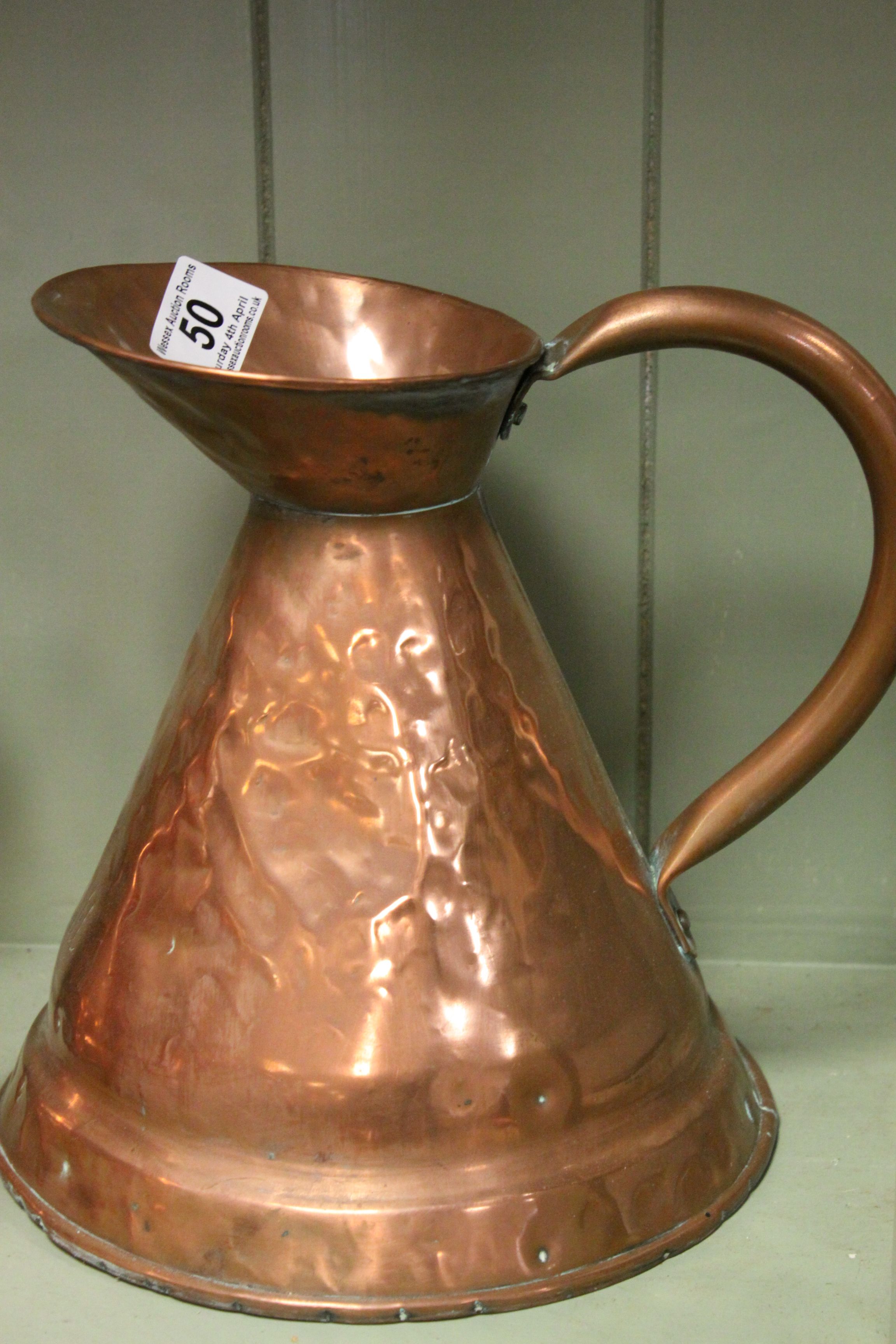 Three Antique Copper Graduating Measuring Jugs marked 1/2 Gall, 1/4 Gall and 1/8 Gall - Image 3 of 4