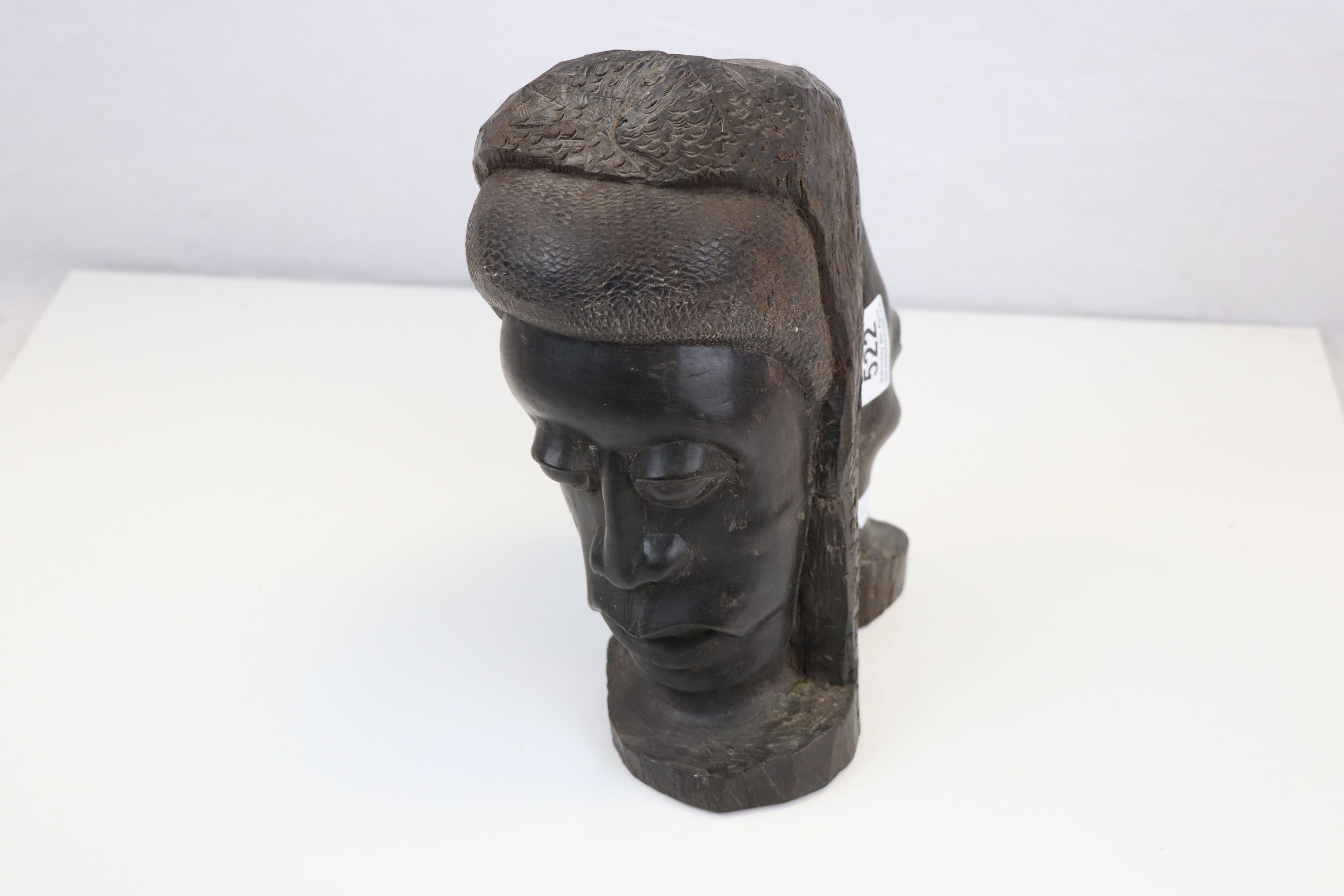 A tribal carved two-faced hardwood bust sculpture of African men - Image 3 of 4