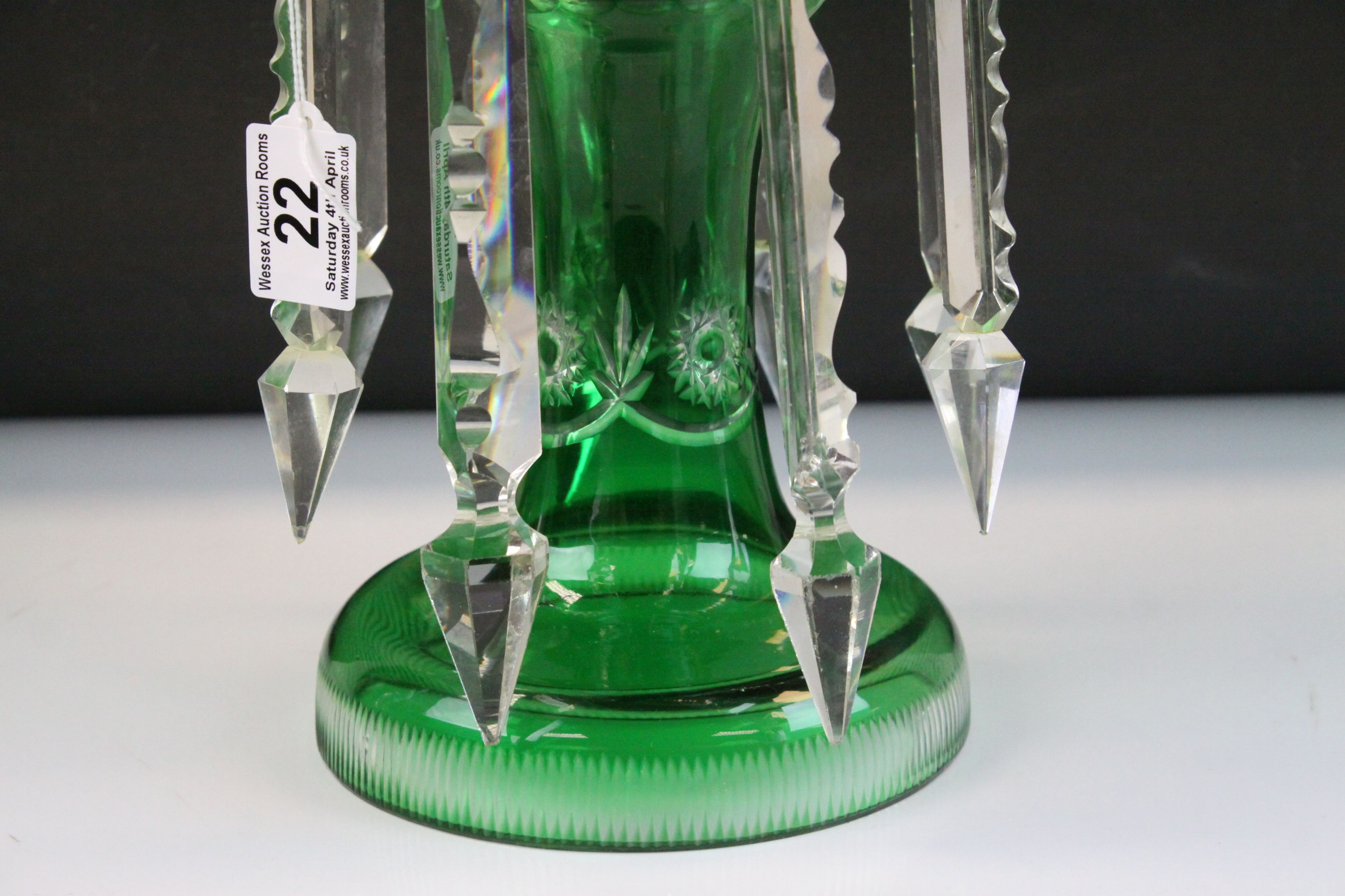 Pair of Victorian Cut Green Glass Table Lustres each with Eight Clear Glass Lustre Drops, 37cms - Image 3 of 12