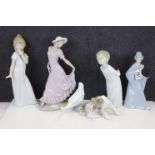 Lladro Dog with Butterfly on Tail together with Two Nao Figurines (tallest 30cms high) and a Goose