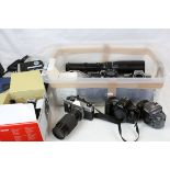 Box of Vintage 35mm SLR, Lenses and Movie Cameras including Two Canon EOS Cameras