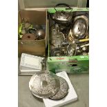 Two Boxes of Mixed Silver Plate and Metalware including Spirit Kettle on Stand, Four Bottle