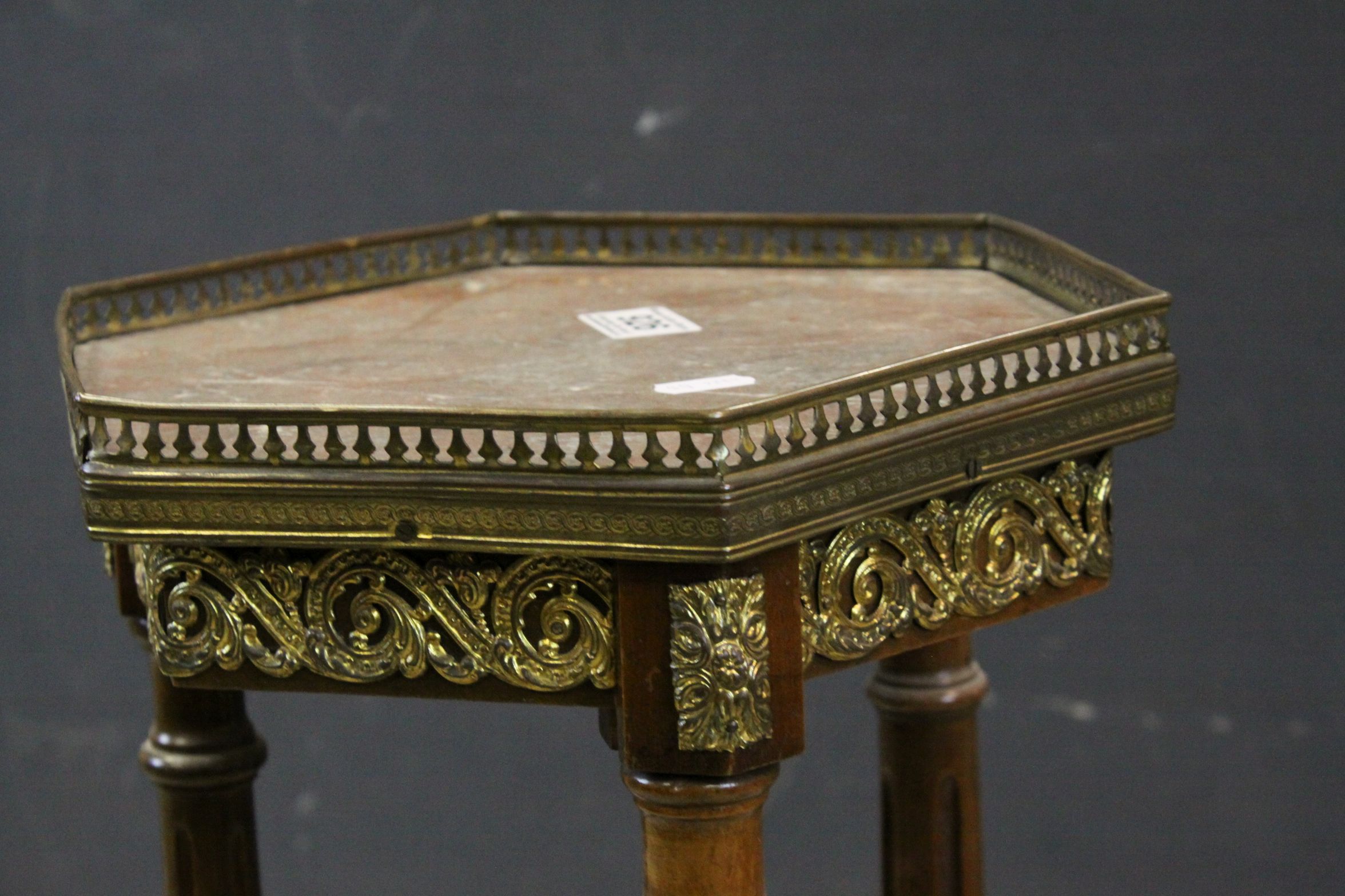 French Jardiniere Stand, hexagonal, the marble top with pierced gilt gallery rail, raised on three - Image 2 of 7