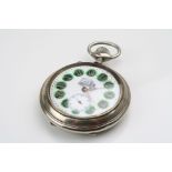 A top winding white metal pocket watch with steam train design to the face and similar decoration to