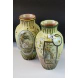 Two similar Doulton Lambeth Faience Ware Vases, each with hand decorated with a panel depicting