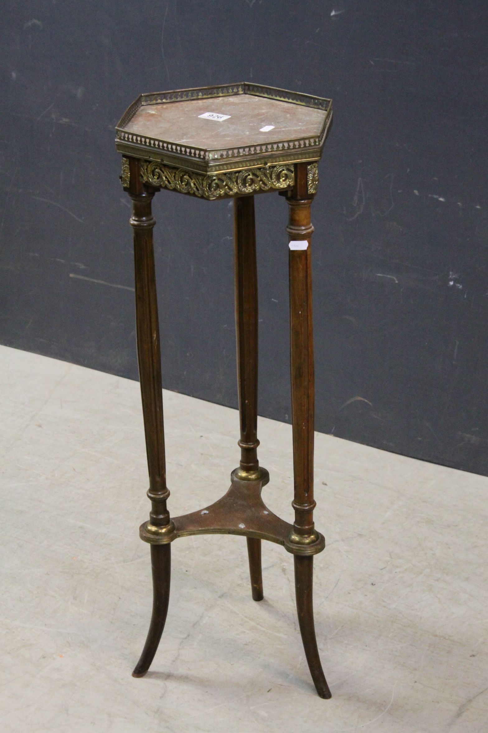 French Jardiniere Stand, hexagonal, the marble top with pierced gilt gallery rail, raised on three