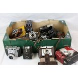 Box of Vintage 35mm Compact and Box Cameras including an Olympus Trip 35 and Minolta Hi-Matic AF2M