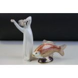 Royal Crown Derby Koi Carp Paperweight with Gold Stopper together with a Lladro Figure of a