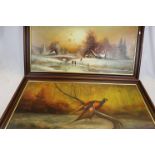 Two Wooden Framed Oil on Canvas Paintings, one depicting a Pheasants, signed and the other Winter