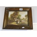 19th century or earlier Painted Porcelain Plaque decorated with a Country Scene with Figures and