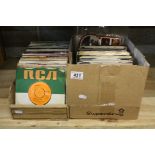 Vinyl - Over 100 45s spanning the decades and genres in picture and company sleeves (two boxes)