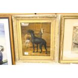 A gilt framed oil painting study of greyhounds in a courtyard, 34.5 x 29cm