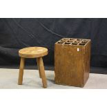 Rustic Pine Twelve Section Pigeon Hole Unit, 27cms high together with a Three Legged Stool
