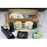 A quantity of sundries to include two soccer glasses ,a cased national service medal condiment set