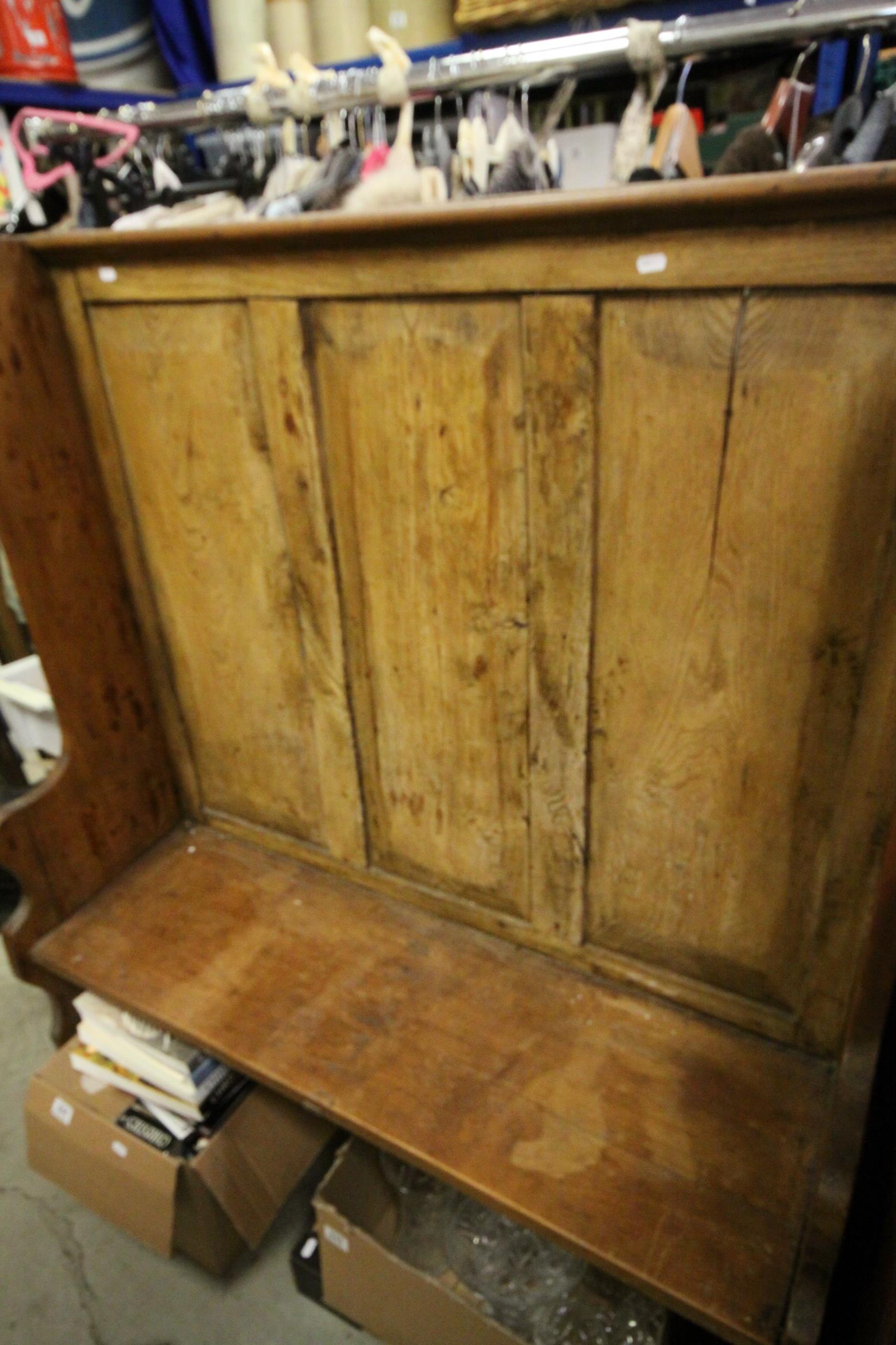 Pine High Back Settle, 118cms long x 145cms high together with a Glazed Dresser Top - Image 5 of 6