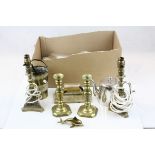 Box of Mixed Metalware including Brass and Silver Plate plus Desk Calendar with Pen Stand