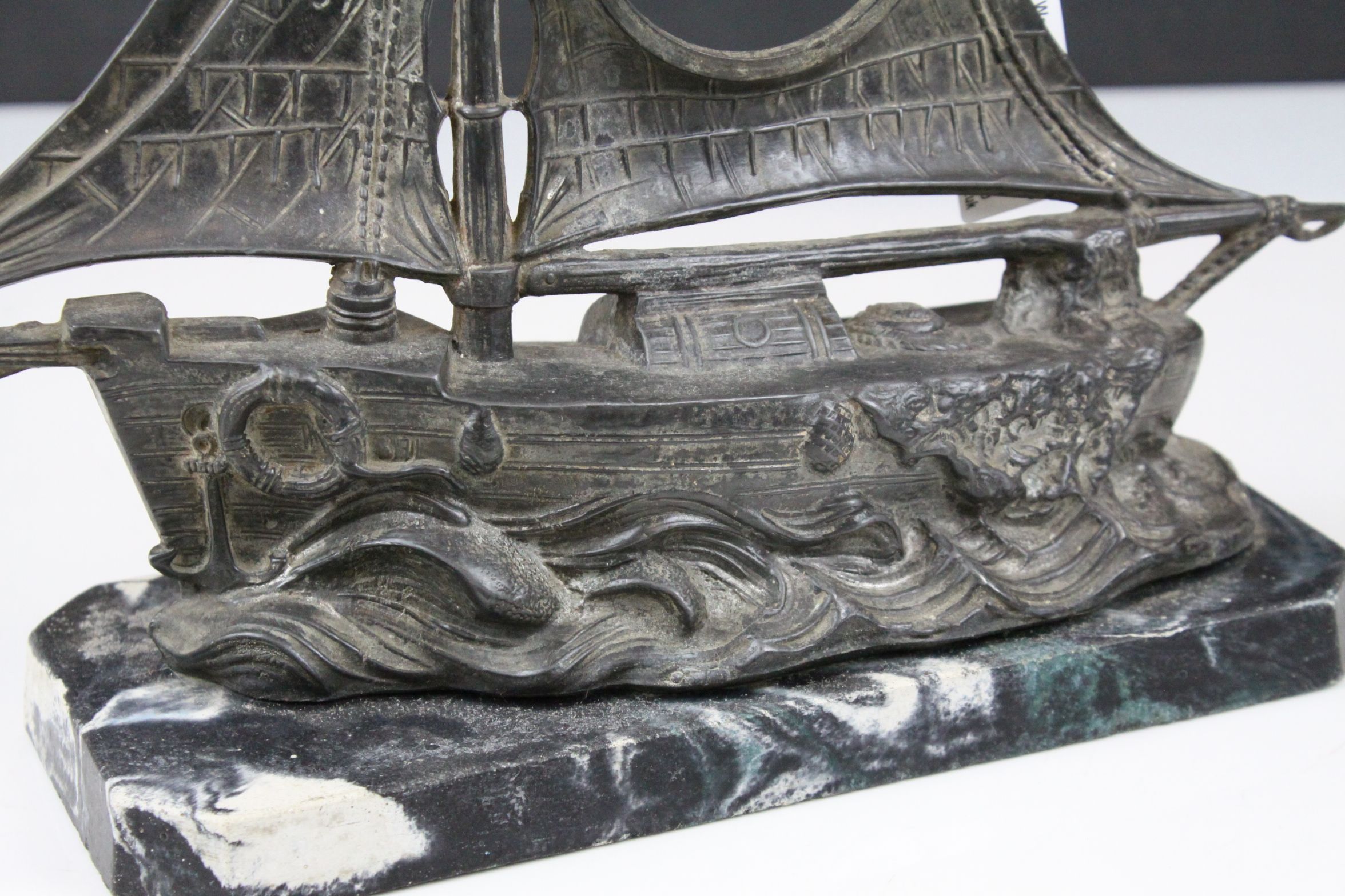 Art Deco Spelter Watch Holder in the form of a Sailing Boat on a Faux Marble Plinth, 26cms high - Image 2 of 5