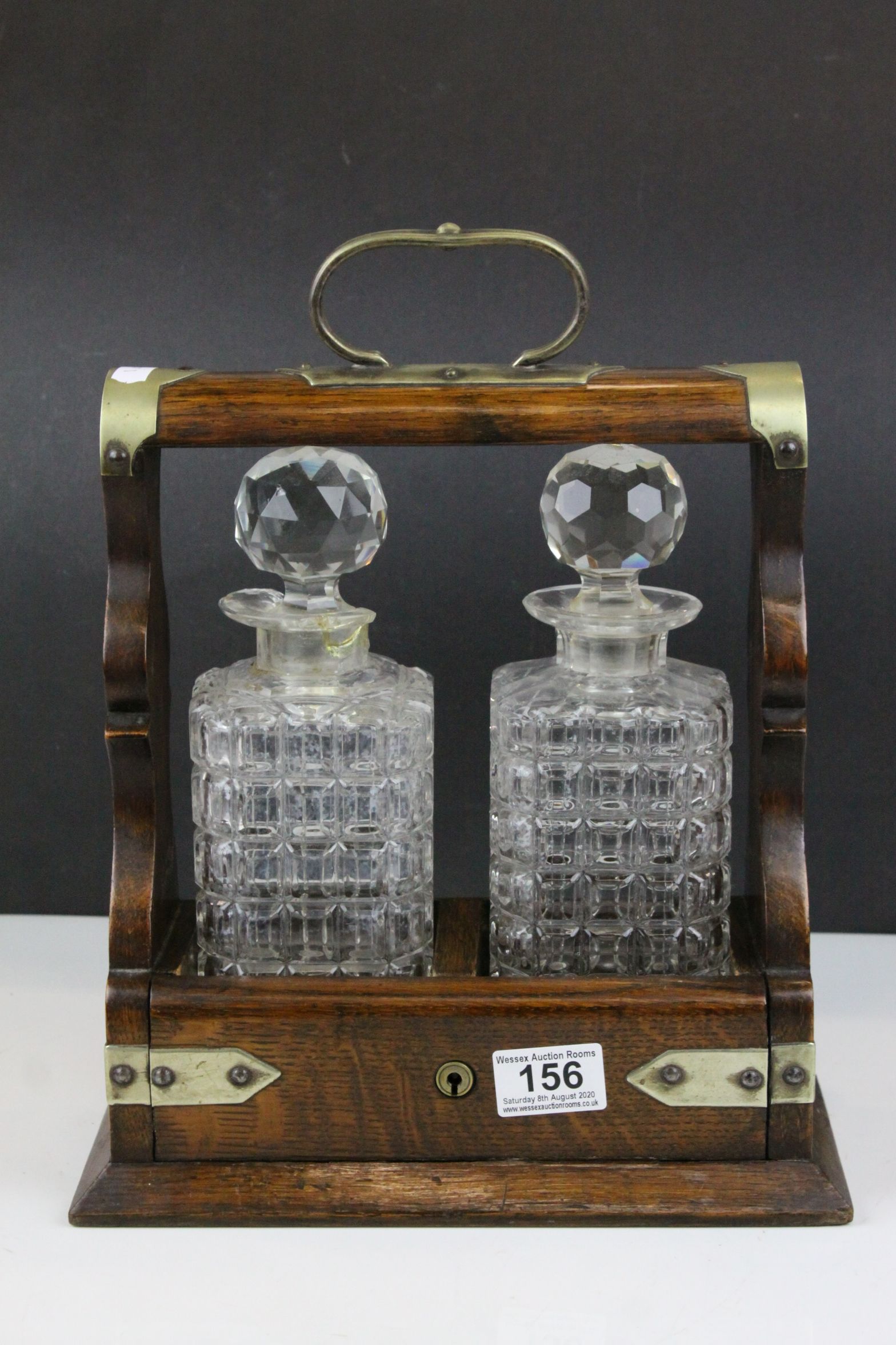 Late 19th / Early 20th century Oak Two Bottle Tantalus with Silver Plated Mounts (matching decanters - Image 2 of 5