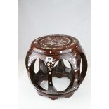 Oriental Hardwood Jardiniere Stand inlaid with Mother of Pearl Birds, Butterflies and Foliage, 34cms