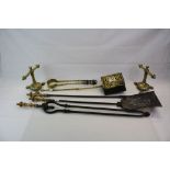 Set of Three Antique Brass & Steel Fire Irons together with a Chestnut Roaster, Claw Fire Tongs