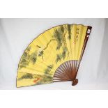Large Japanese Bamboo Wall Fan, the paper leaf painted with a scene of Cranes in Trees, 64cms high
