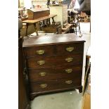Mahogany antique chest of small size with three long and two short drawers on bracket feet