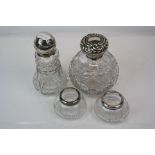 A Fully Hallmarked Sterling silver topped Scent bottle together with a sugar shaker and two mustards