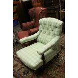 Victorian Open Armchair later upholstered in Green Checked Fabric