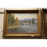 H W Brawn, oils on board, an extensive wooded river scene scene with bridge and hills beyond, 36.5 x