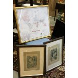 A pair of victrian romantic prints together with a framed British Empire map.