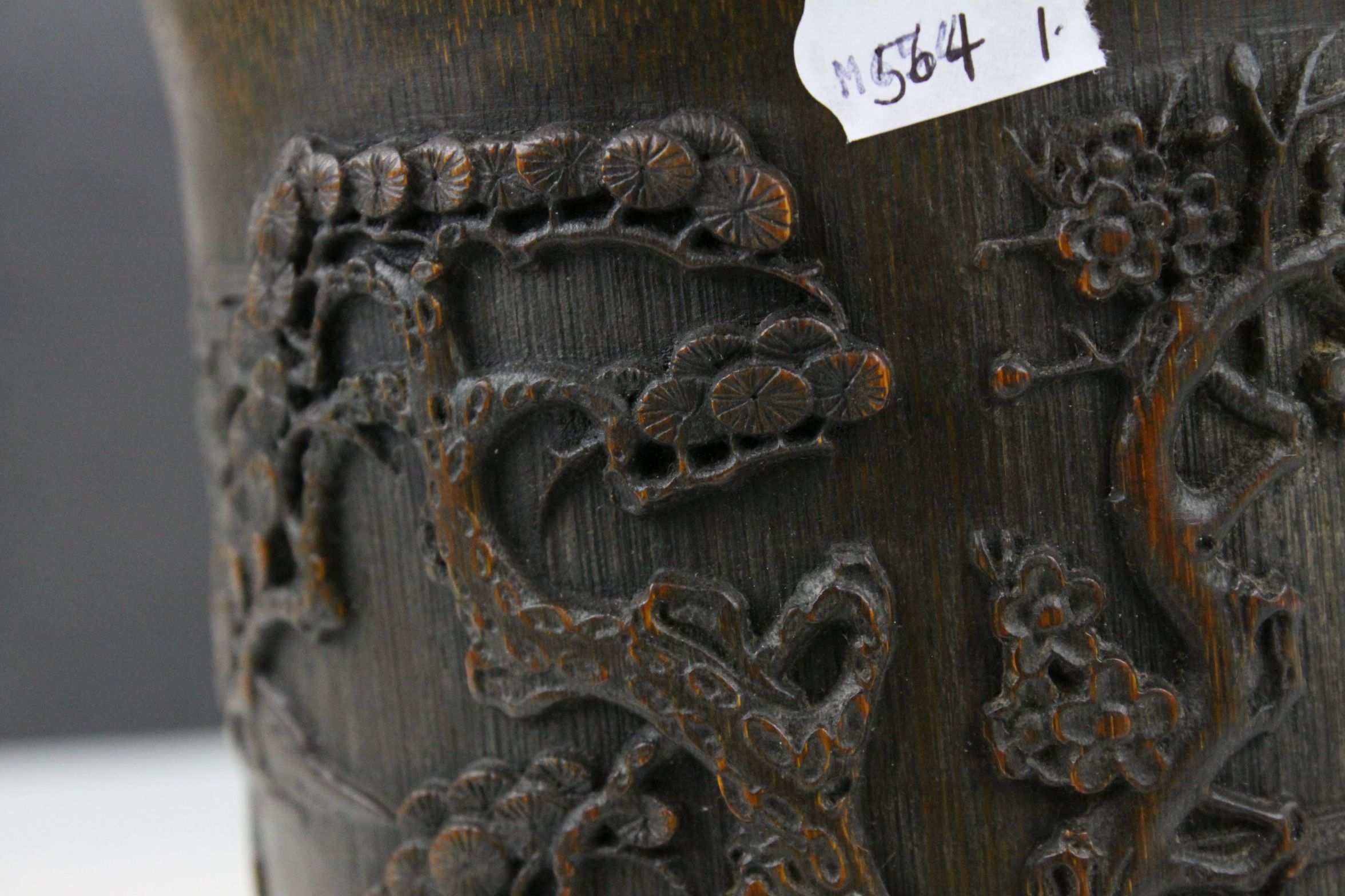 Chinese Hardwood Brush Pot intricately carved with a Temple Scene, 18.5cms high - Image 7 of 7