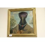 English School, mid 20th century, oil on board, surrealist portrait 'Birdman', label verso, 32 x