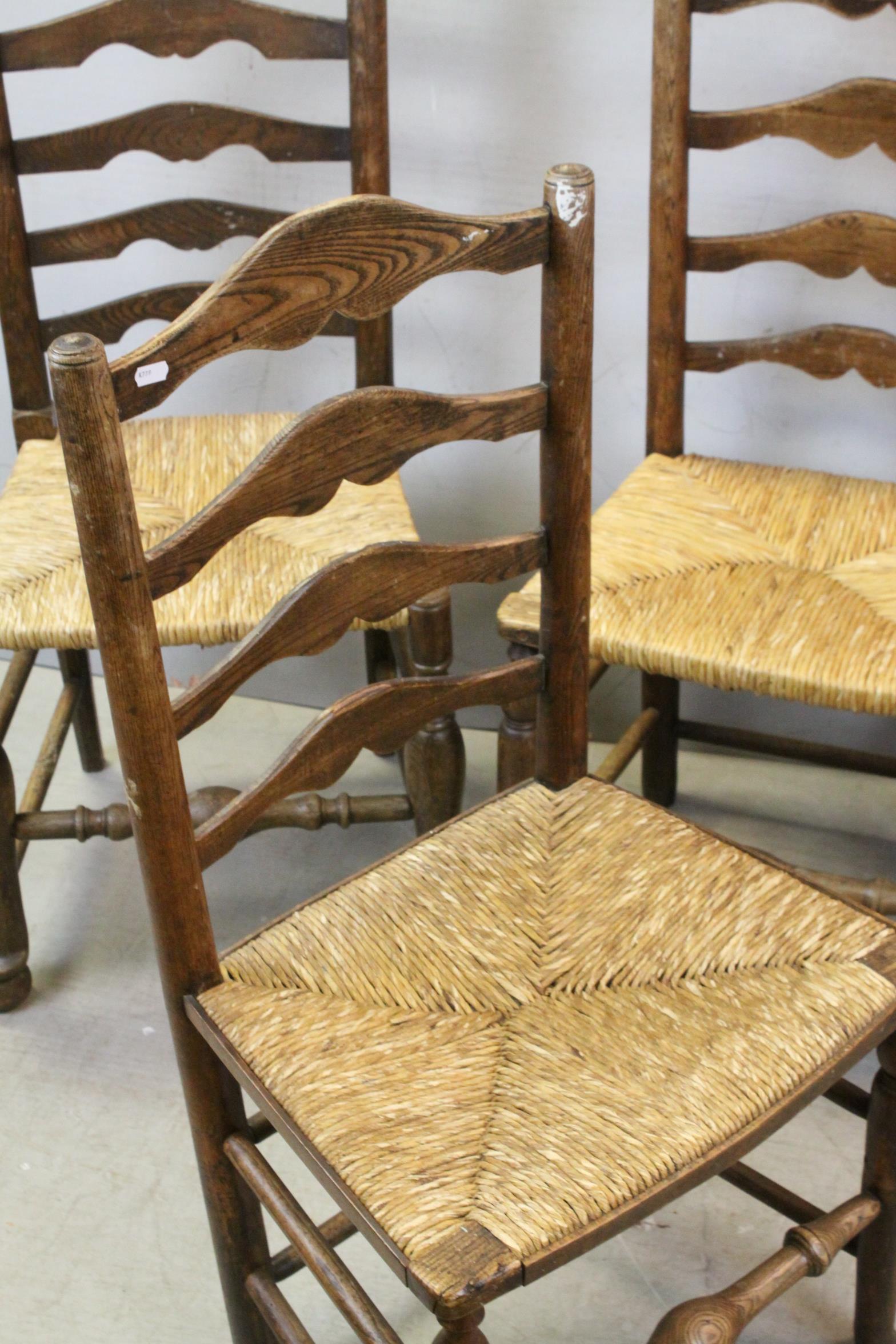 Set of Four Oak Ladder Back Dining Chairs with Rush Seats - Image 2 of 5