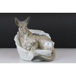 Large Lladro Model of an Alsatian Dog in a Basket with a Puppy, 23cms high