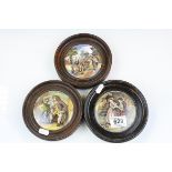 Three antique prattware lids mounted in wooden frames The Village Wedding ,Uncle Toby and By