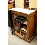 Late Victorian Walnut and Marquetry Small Open Bookcase with white marble top (broken), 81cms wide