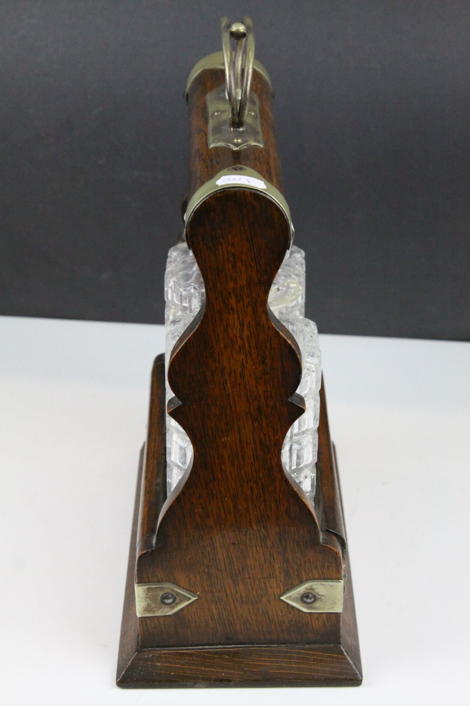 Late 19th / Early 20th century Oak Two Bottle Tantalus with Silver Plated Mounts (matching decanters - Image 5 of 5