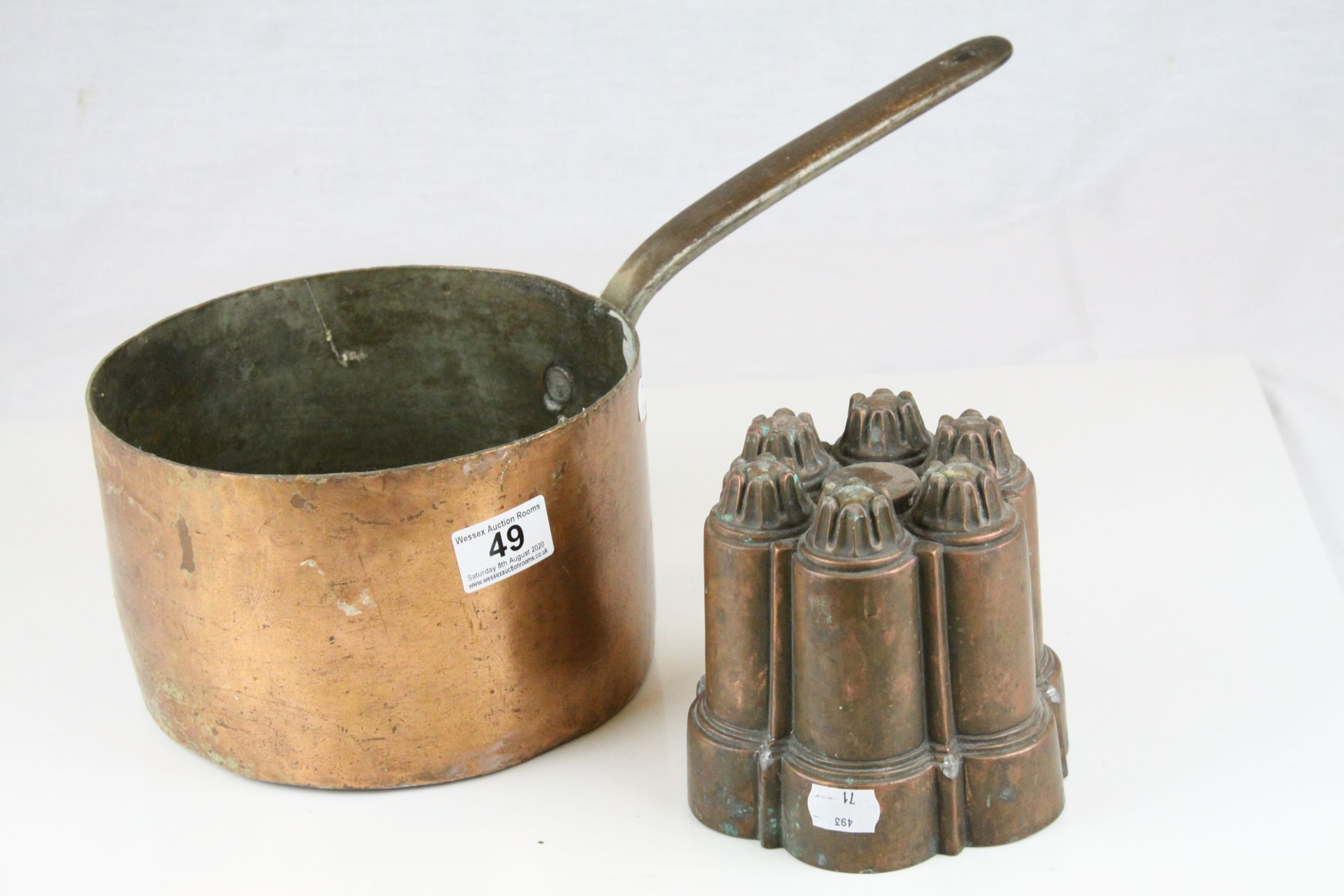 Antique Copper Saucepan with Iron Handle stamped Wilson & Son 13cms high together with a Victorian