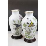 Pair of Franklin Mint ' Woodland Bird ' Ceramic Vases on Wooden Stands, 32cms high
