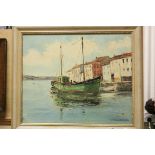 W.T. Brocklebank, oil on canvas, fishing boat in a harbour, signed and dated 1952