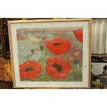 Halliday, a large watercolour and pastel art study of poppies with pier beyond, entitled '
