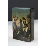 19th century Stobwasser papier mache lacquered snuff box, hand painted idyllic scene depicting